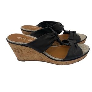 Sperry Top-Sider "Shoreham" Black Leather Straps Slide Wedge Cork Heel Sandals